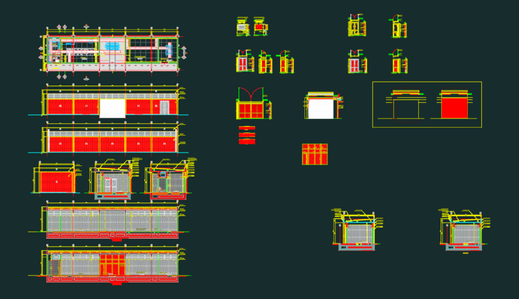 CAD drawing showing floor plan, external elevations, and louvered window details for an electrical substation.