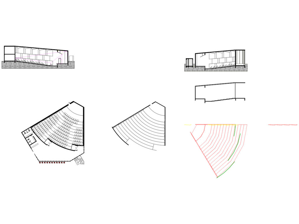 Architectural CAD drawing of an auditorium featuring floor plans, sections, and tiered seating layouts.