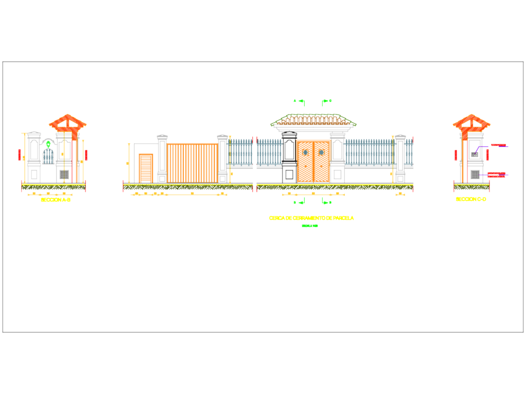 CAD elevation of a residential entrance gate and fence with roofed canopy and masonry pillars.