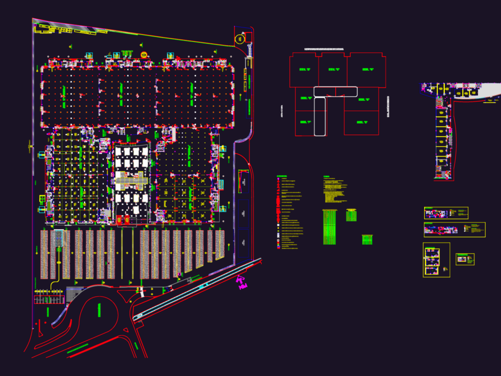 General layout plan of a large multi-pavilion exhibition center with parking and fire safety symbols.