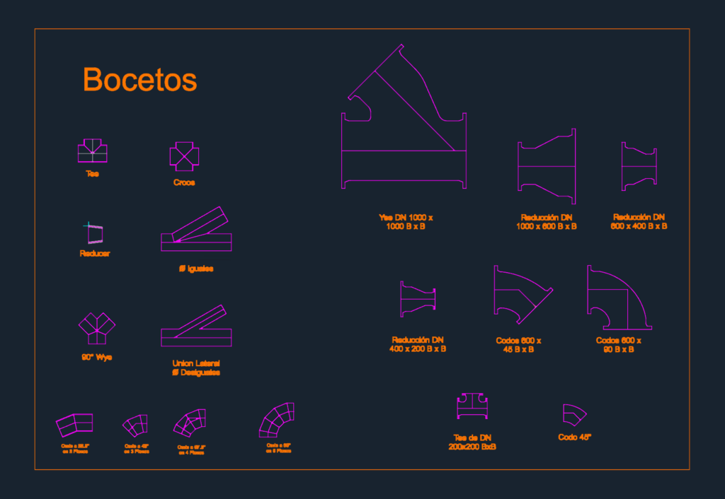 Selection of dynamic CAD blocks for pipe fittings including tees, reducers, wyes, and multi-piece elbows.