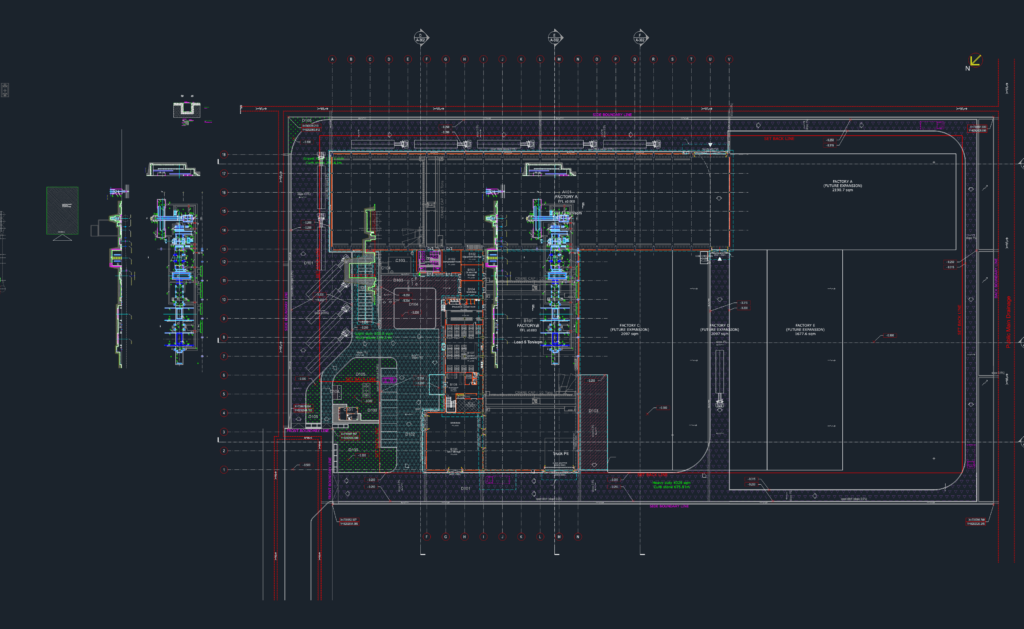Industrial factory floor plan showing truck loading pits and cable pit section details.
