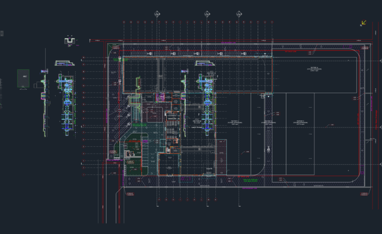 Industrial factory floor plan showing truck loading pits and cable pit section details.