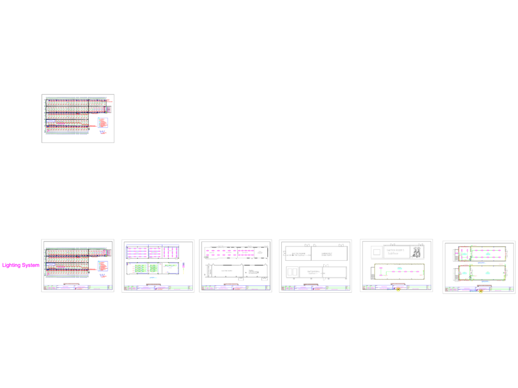 Factory lighting layout plan with electrical circuit details and fixture schedules.