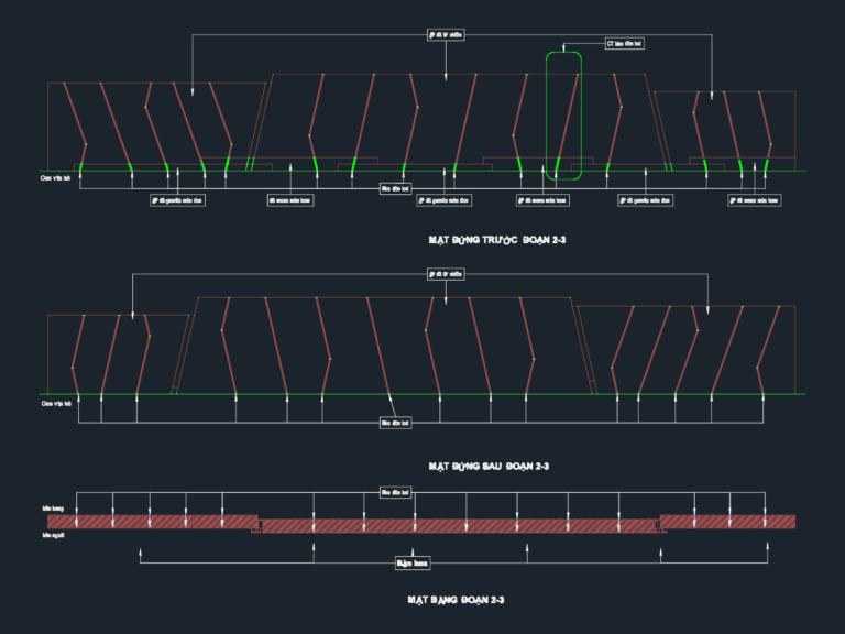 Front and rear elevations and plan view of a decorative stone fence wall with LED lighting slots and flower beds.