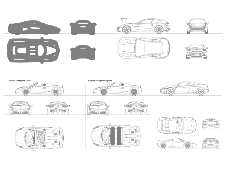 Detailed 2D CAD elevations of Ferrari FF and 458 Spider models showing plan, side, and front views.