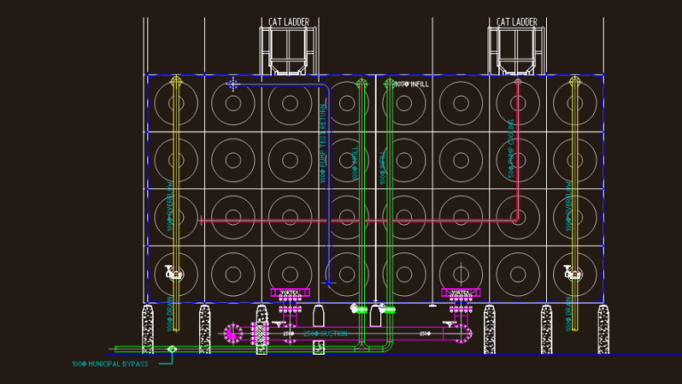 Technical CAD section and schematic of a fire pump room showing water tanks and piping.