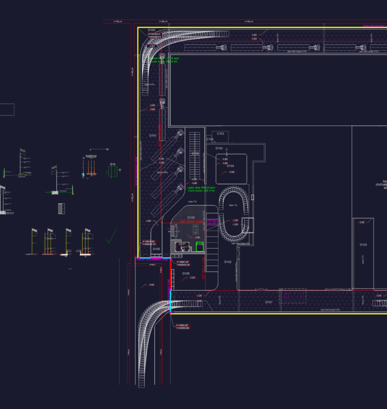 CAD elevation and section drawings of a commercial flagpole showing base and mounting details.
