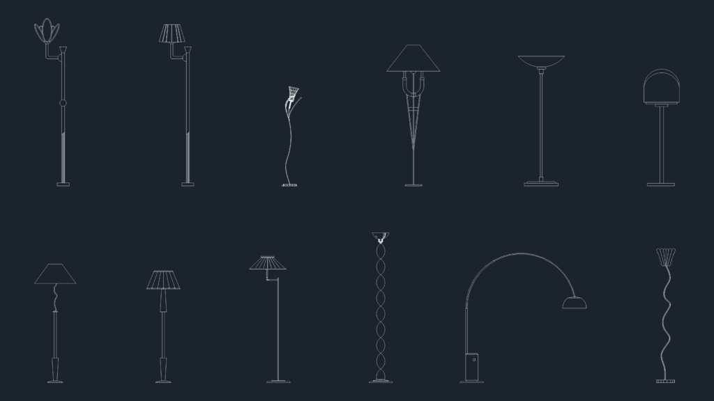 12 various floor lamp designs in front elevation view CAD blocks
