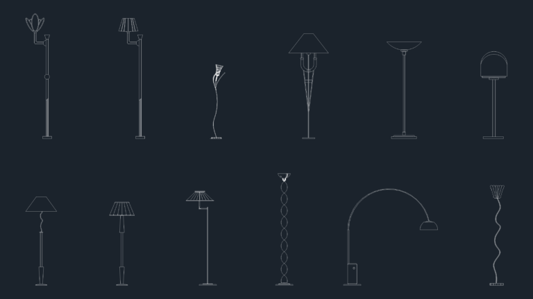 12 various floor lamp designs in front elevation view CAD blocks