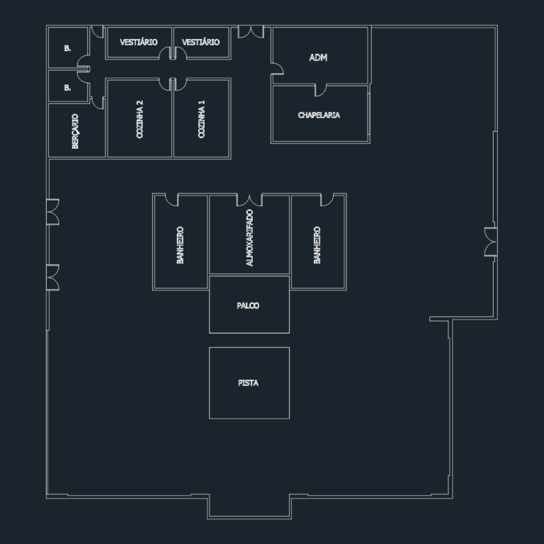 Floor plan of a commercial event hall showing rooms for kitchen, stage, dance floor, and administration.