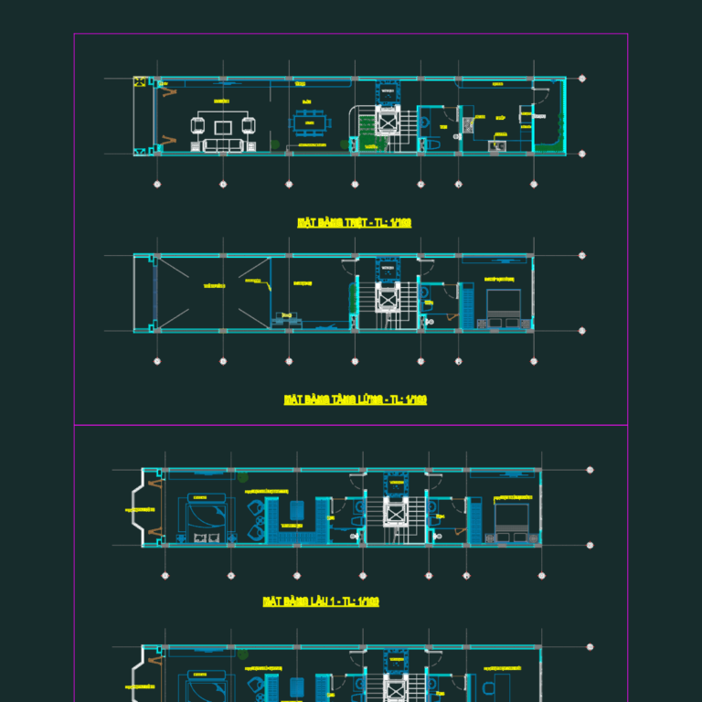 Detailed architectural floor plans for a narrow multi-story residential building with an elevator.