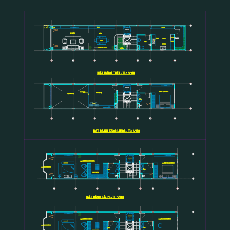 Floor plans for a narrow five-story house with elevator