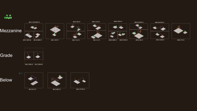 Isometric layouts of FM-200 gas suppression systems for various technical rooms.