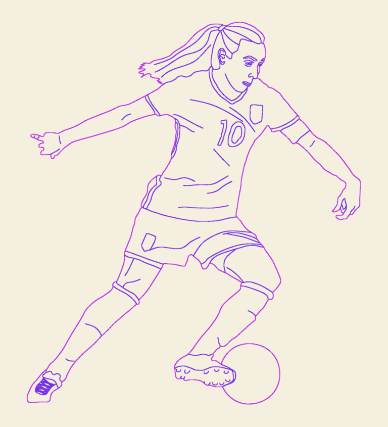 2D CAD drawing of a female football player dribbling a ball in front elevation view.