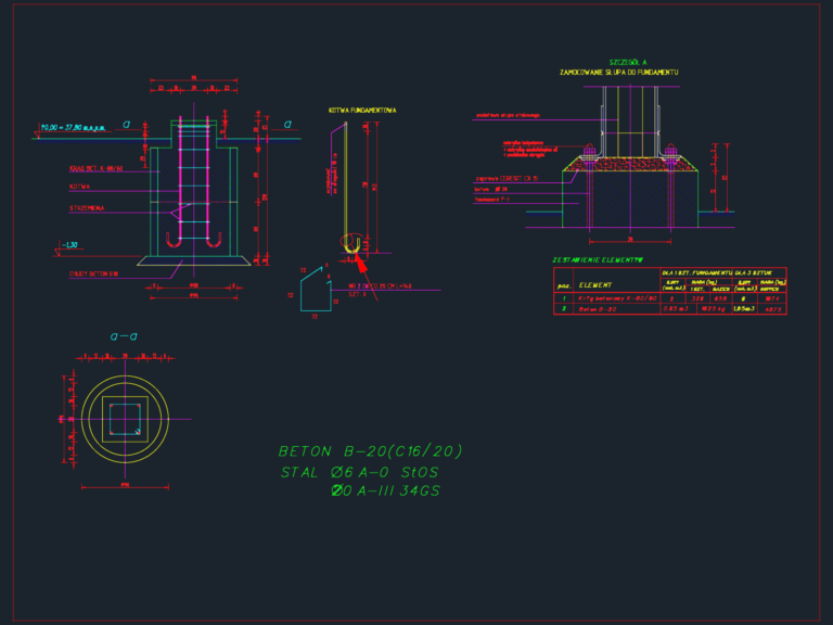 Structural section and anchor bolt detail for a concrete isolator foundation.