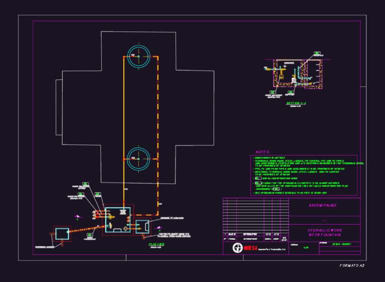 Plan view and section of a fountain hydraulic system showing pipes, drainage pit, and water treatment connections.