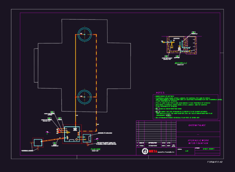 Fountain Hydraulic Plumbing and Drainage Plan and Section Details