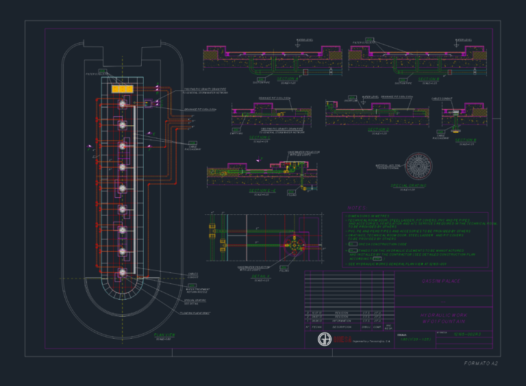 CAD drawing showing hydraulic plan and sectional details for a fountain with piping and lighting.