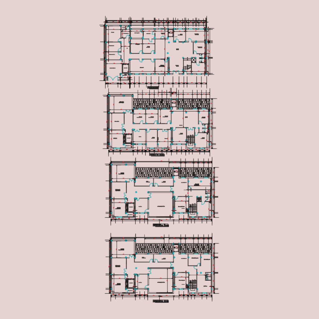 Architectural layout of a four-story medical clinic featuring labeled rooms for radiology, surgery, and patient care.