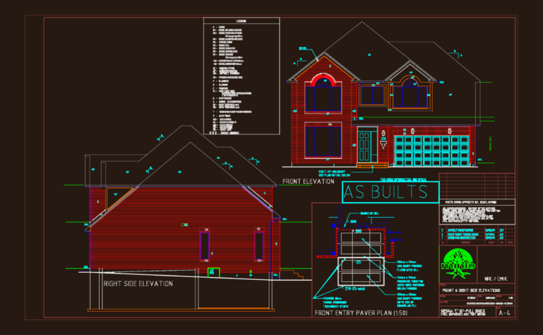Front and right side architectural elevations of a two-story brick house with a detailed entry paver plan and legend.
