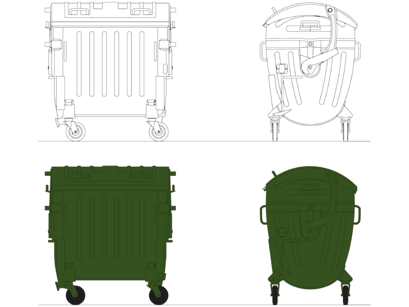 Front and Side Elevations of Large Plastic Wheeled Garbage Bins