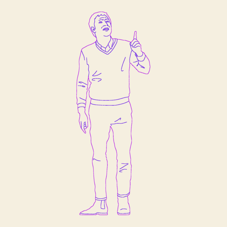 Front elevation drawing of a man in a sweater pointing his finger at the sky.