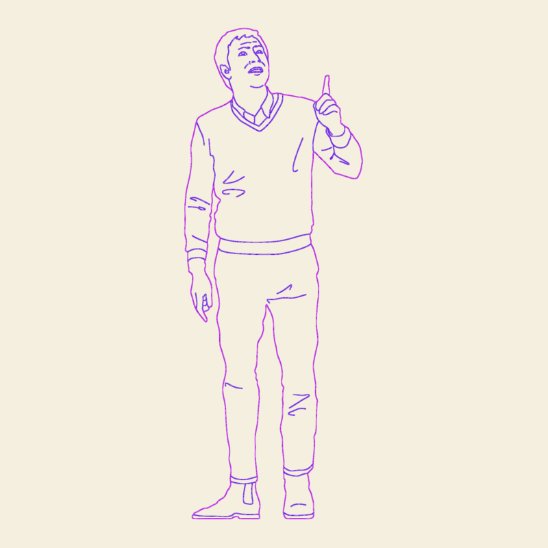 Front elevation of a man pointing at the sky