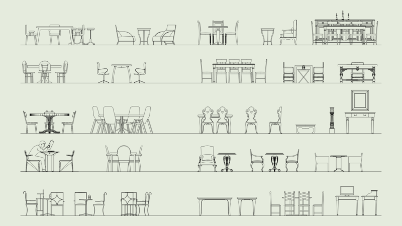 Dining room and office furniture elevations including tables and chairs
