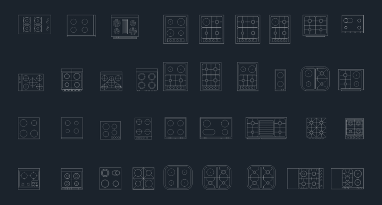 Various 2D kitchen cooktop plan blocks for CAD showing gas and electric burner configurations.