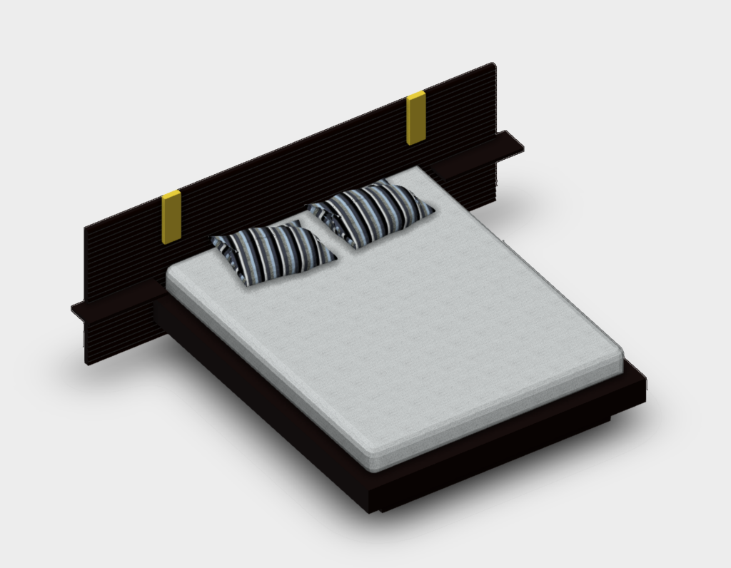 Top view wireframe of a 3D double bed model with two pillows and a headboard frame.