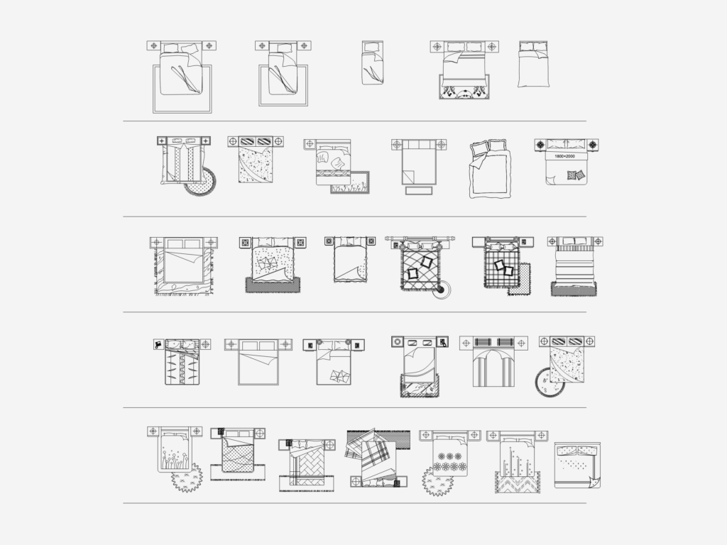 Architectural top view CAD blocks showing different bed sizes and nightstand layouts in a metric DWG file.