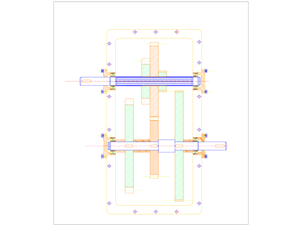 Mechanical assembly drawing of a gear train and splined shaft in top section view.