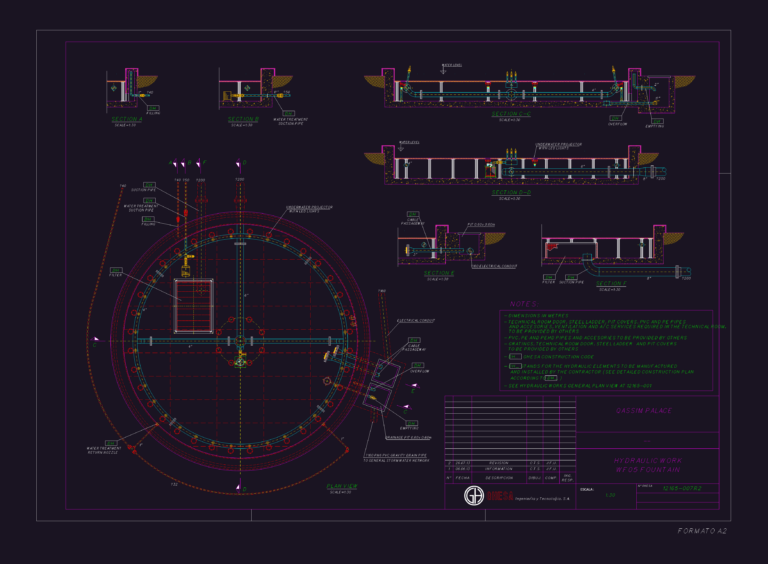 Hydraulic plan and section drawings for a large circular palace fountain with plumbing and lighting details.