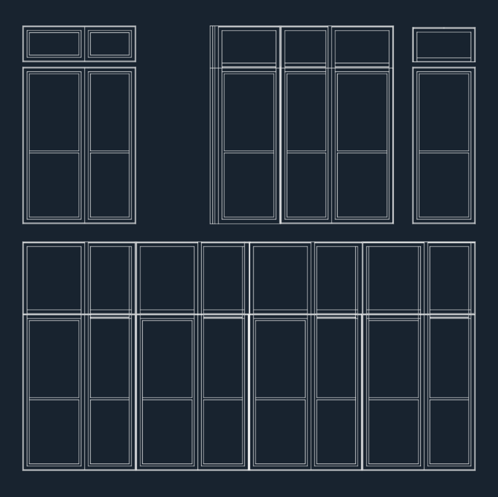 Elevations of glass facade window wall modules with aluminum frames.