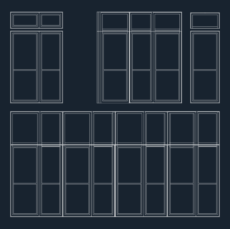 Elevations of glass facade window wall modules with aluminum frames.