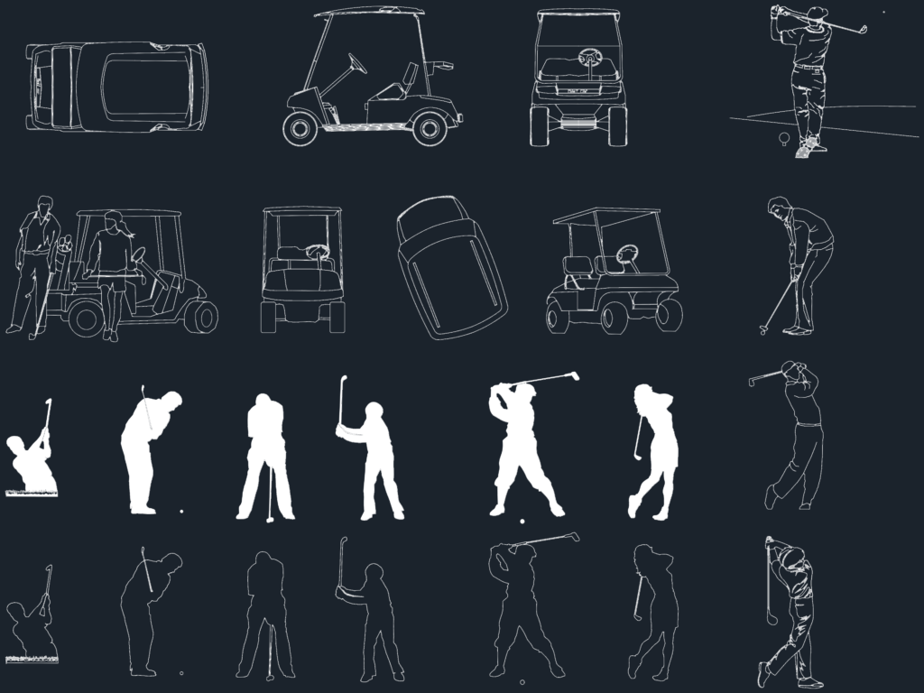 CAD drawing showing side, front, and top views of a golf cart alongside various golfer outlines in action poses.