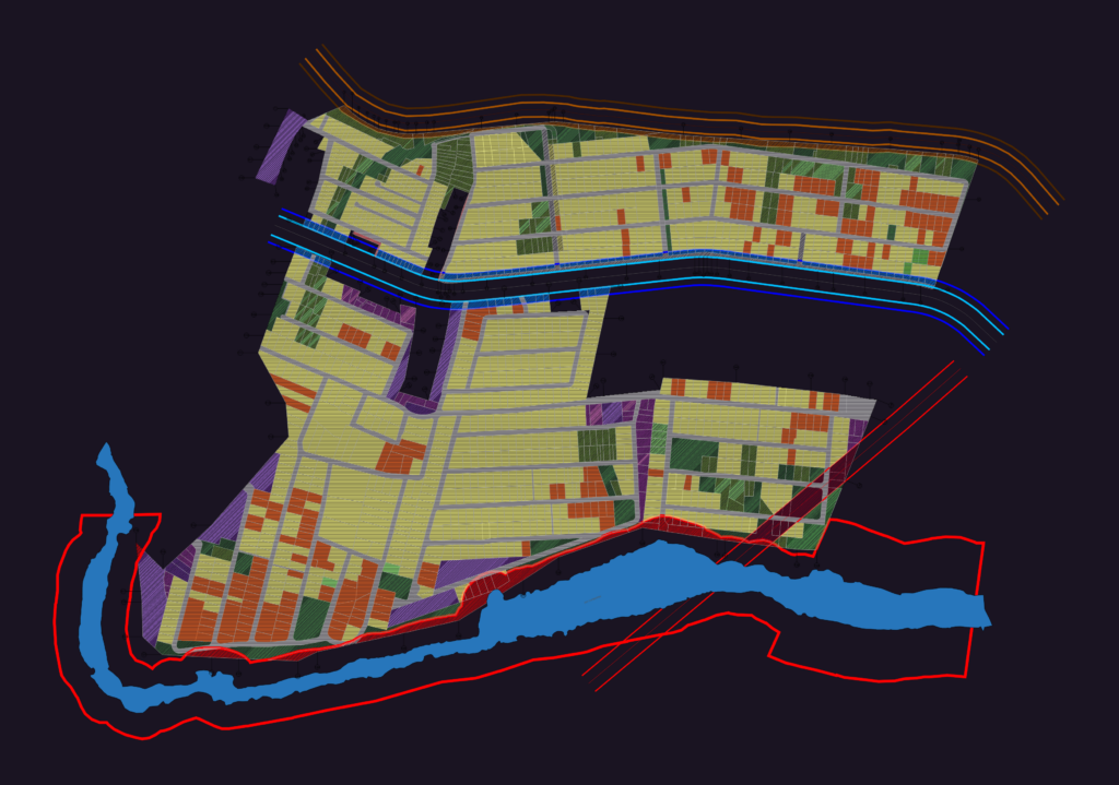 Master plan of the Grande Recife allotment showing color-coded residential lots, road networks, and river boundaries.