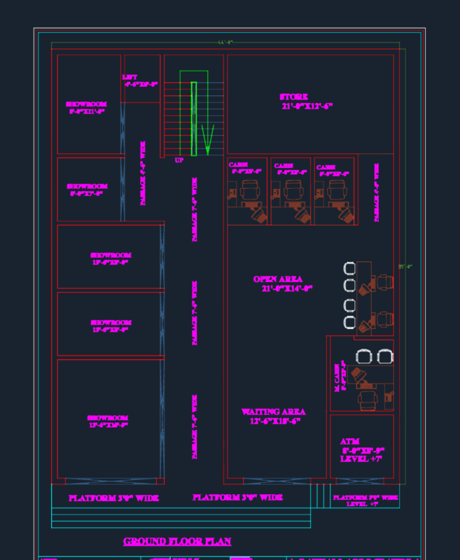 Ground floor commercial plan with showrooms and ATM