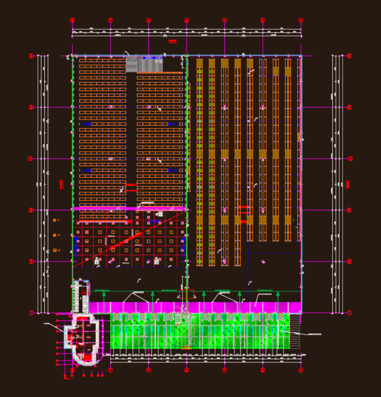 Technical industrial floor plan for Rip Curl logistics center showing racking layout, loading docks, and office area.