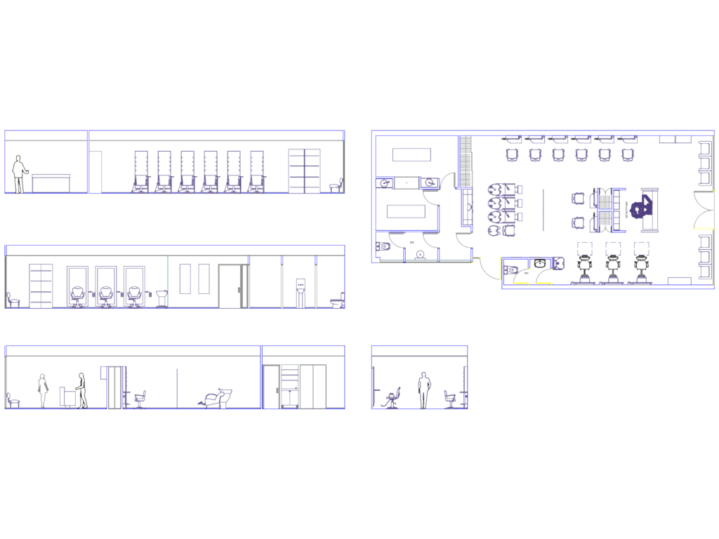 Architectural floor plan and interior elevations of a hairdressing salon with furniture blocks.