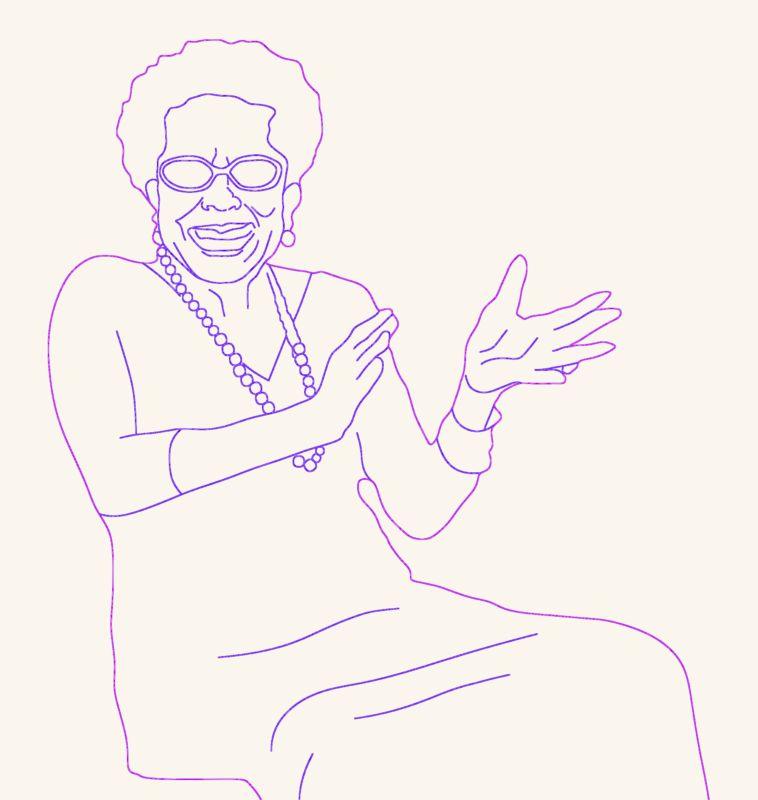 Happy Woman Sitting and Clapping Hands SANAA Style Block