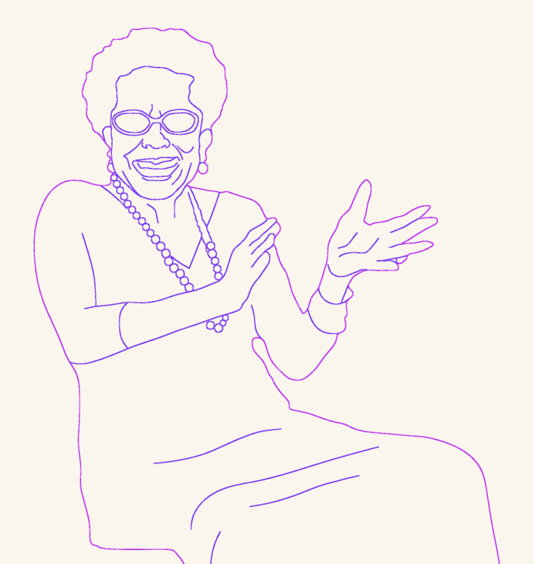 CAD outline drawing of a smiling woman sitting and clapping her hands in a minimalist SANAA style.