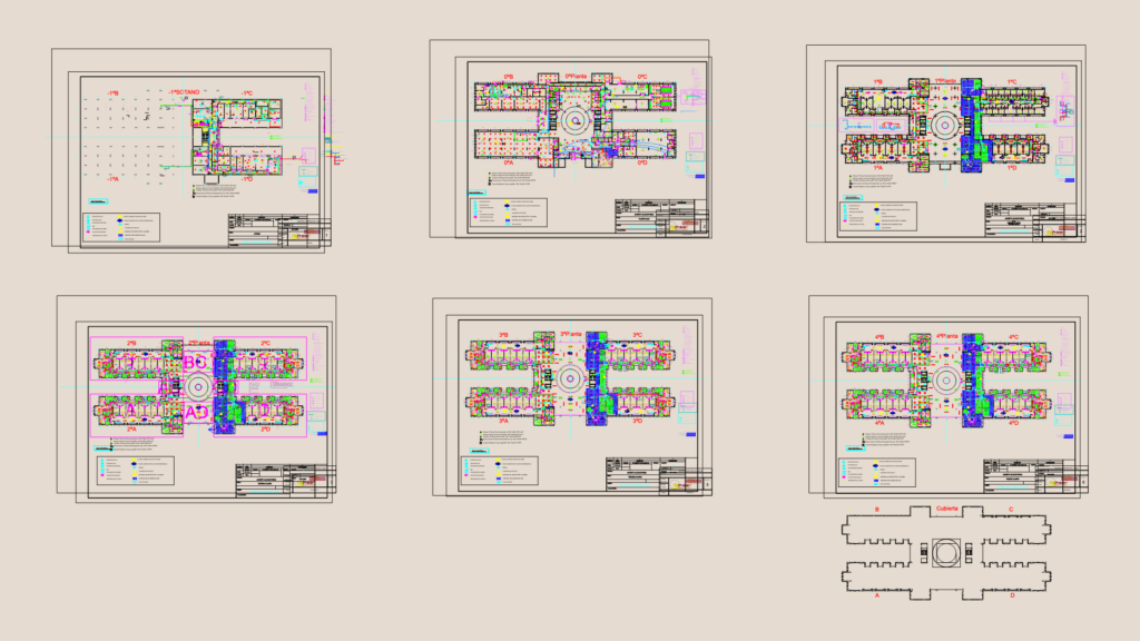 Multi-floor CAD plans for a Spanish healthcare facility showing fire protection, plumbing, and architectural layouts.