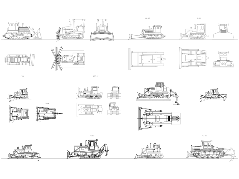 Russian Crawler Tractors and Bulldozers Elevation and Plan Views