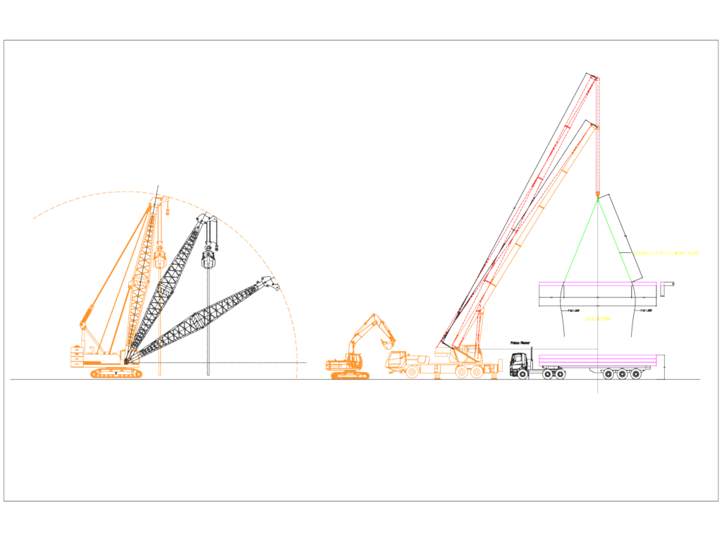 Elevation drawing of a telescopic truck crane, crawler crane, and excavator for a pile lifting operation.