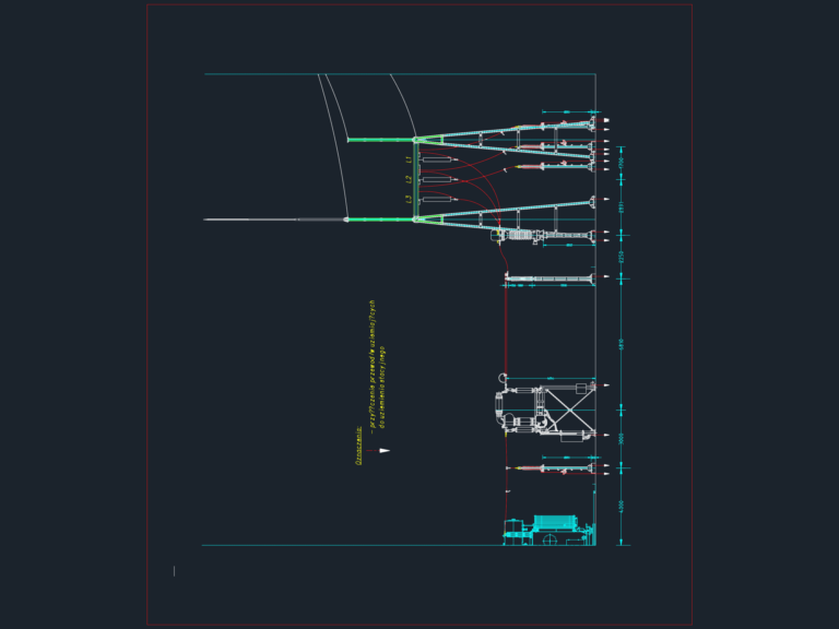 Side elevation of a high voltage switchyard structure showing insulators, support frames, and electrical connections.