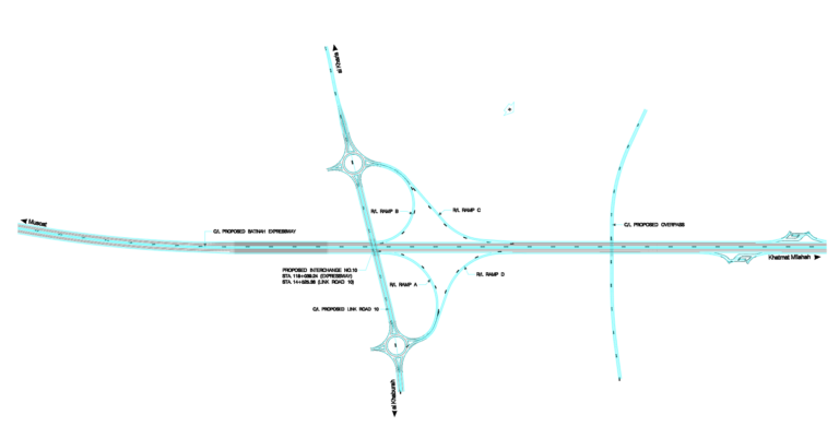 Plan view of a highway interchange with two roundabouts and multiple connecting ramps.