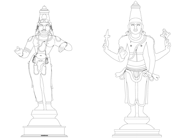 2D line drawings of standing Hindu deity statues in elevation view.