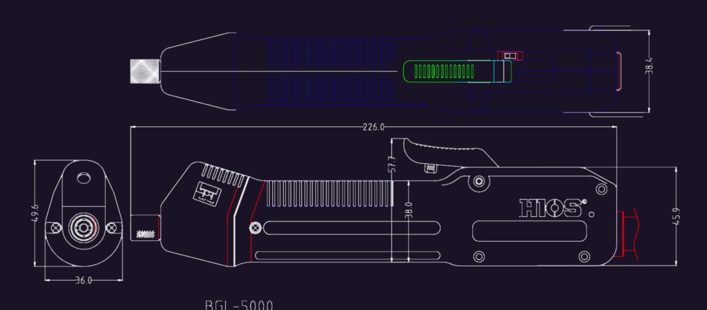 HIOS BGL-5000 electric screwdriver 2D CAD elevations with dimensions.